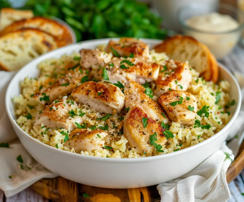 Chicken Scampi with Garlic Parmesan Rice served on a white plate.