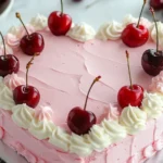 A beautifully decorated heart cake covered in smooth pink buttercream, adorned with piped white and pink frosting swirls and topped with fresh cherries, sitting on a silver cake board with a blurred background of cherries.