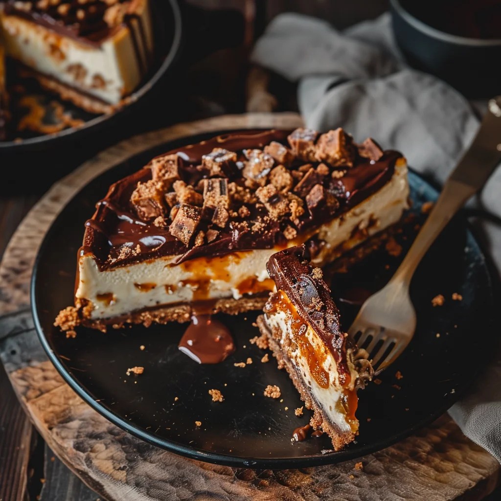 A rich Reese's caramel cheesecake topped with caramel swirls and mini Reese's cups.