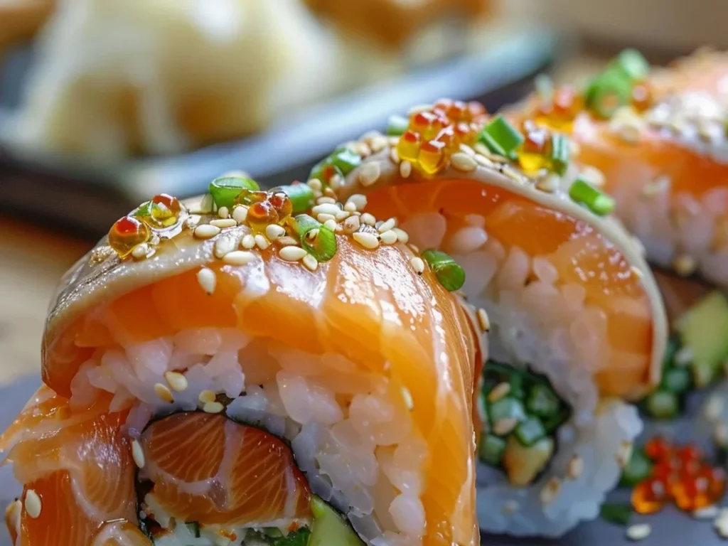 Close-up of sushi order topped with salmon, including nigiri and NYT Rolls, served with soy sauce.