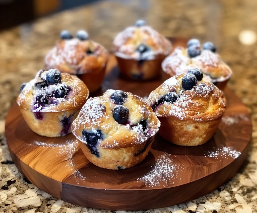 Freshly baked blueberry yogurt muffins on a platter with scattered blueberries.