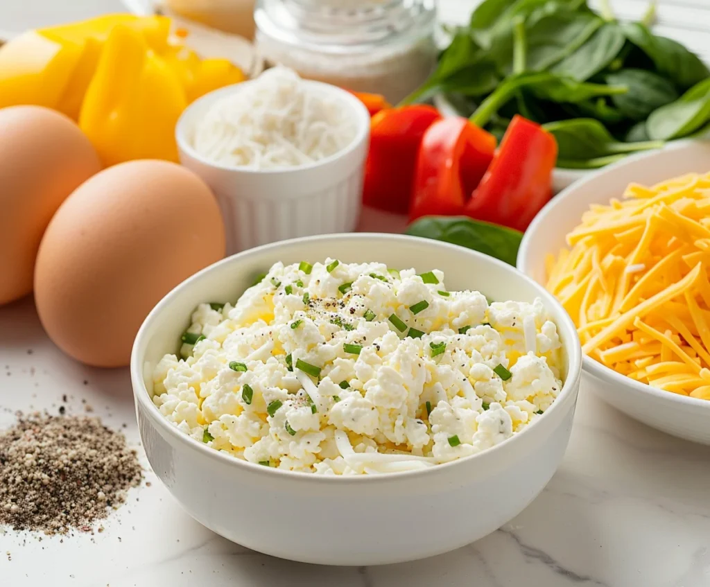 An arrangement of cottage cheese egg bake ingredients, including eggs, cottage cheese, shredded cheese, fresh spinach, and diced red bell peppers, on a clean countertop.