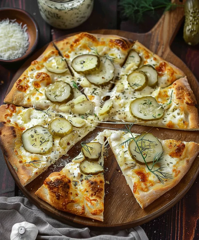 Delicious Pickle Pie Pizza topped with tangy pickles, melted cheese, and a golden crust, offering a bold twist on classic pizza flavors.1