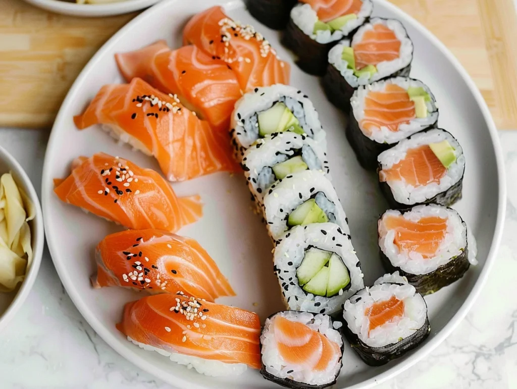 Close-up of sushi order topped with salmon, including nigiri and NYT Rolls, served with soy sauce.