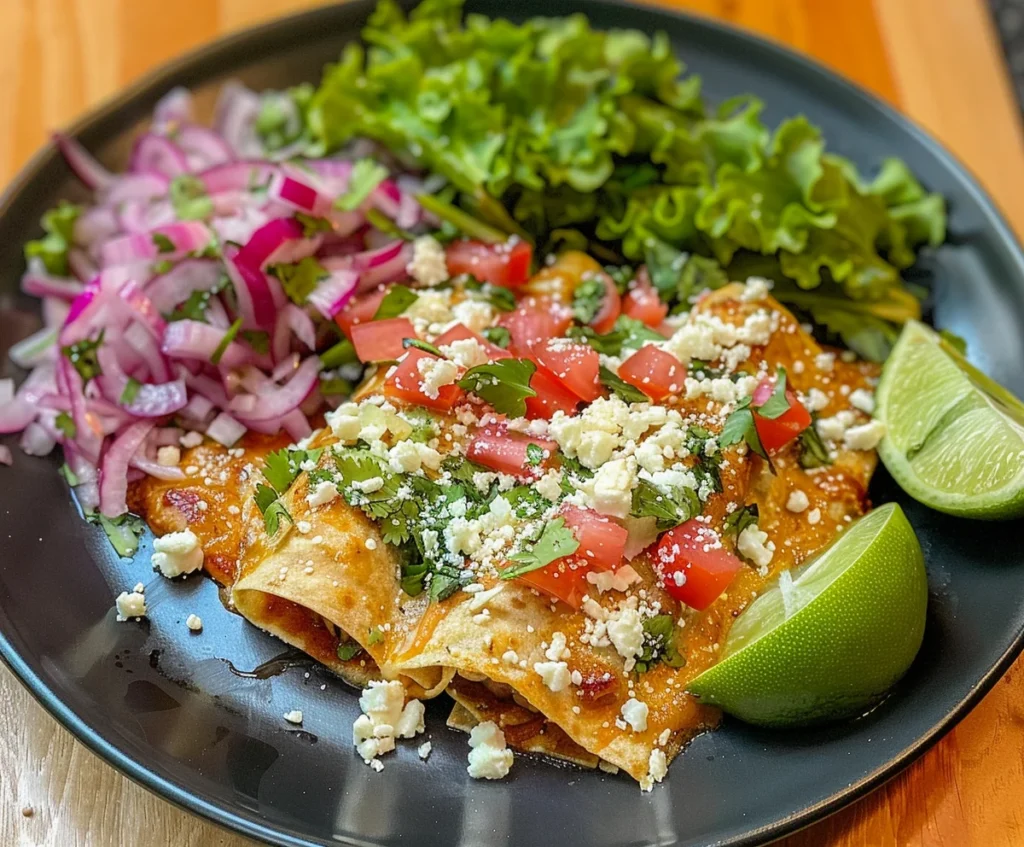 Enchiladas Michoacanas served with lettuce, pickled onions, tomatoes, and queso fresco.