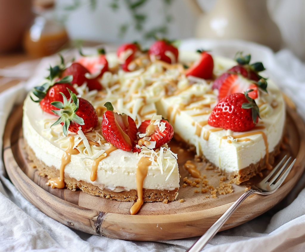 Plated white chocolate cheesecake topped with strawberries and caramel drizzle