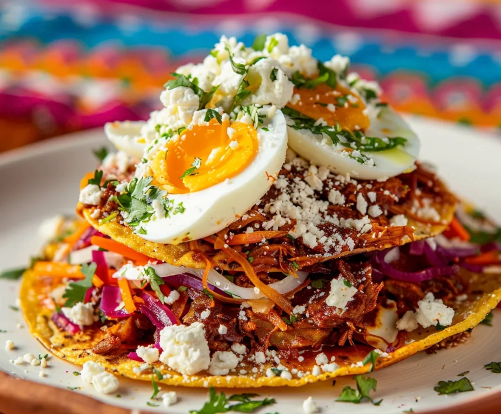 A beautifully plated enchilada guatemalteca with crispy tostada, beet salad, seasoned meat, and fresh garnishes like cheese and parsley.