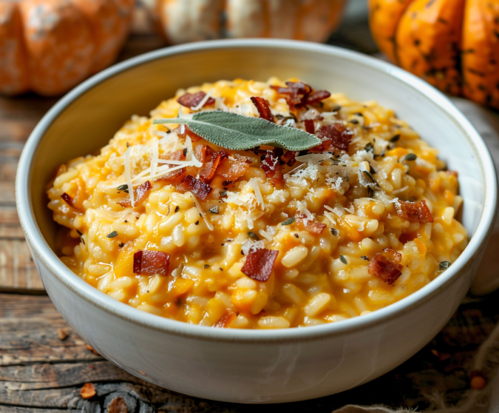 Creamy pumpkin risotto with beans garnished with sage and Parmesan. Title: Pumpkin Risotto with Beans Dish