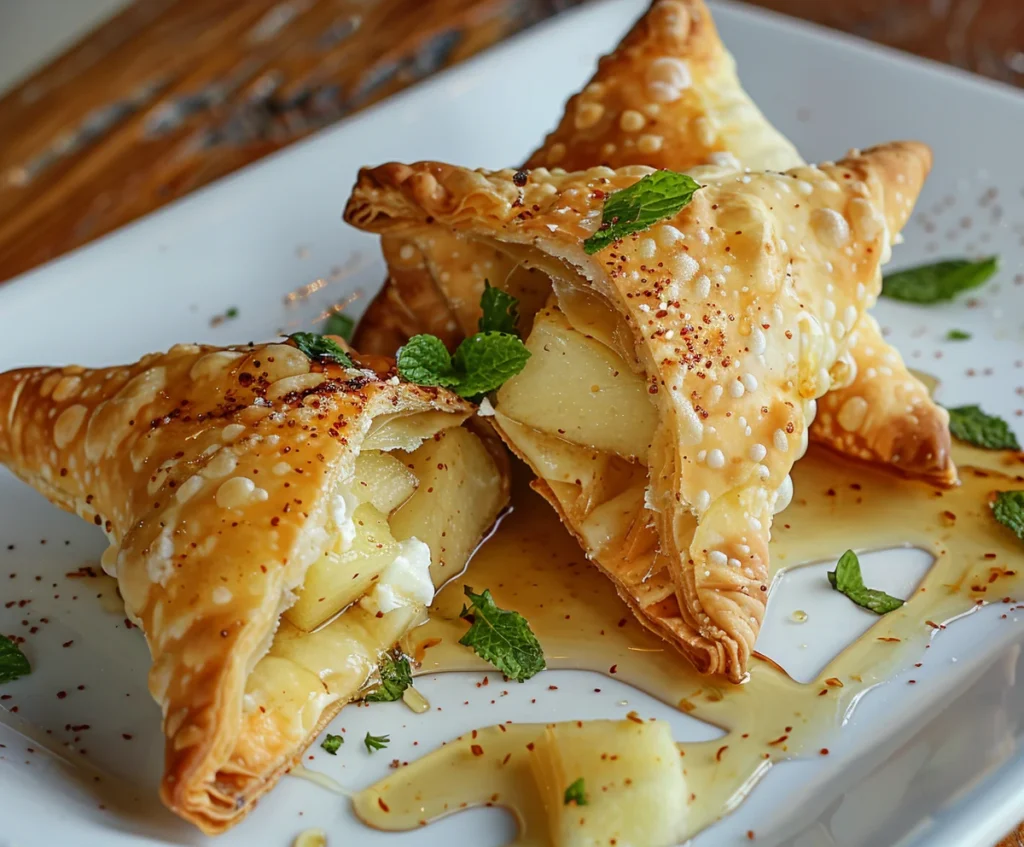 Golden goat cheese and apple turnovers served on a rustic wooden platter with thyme and apple slices as garnish.