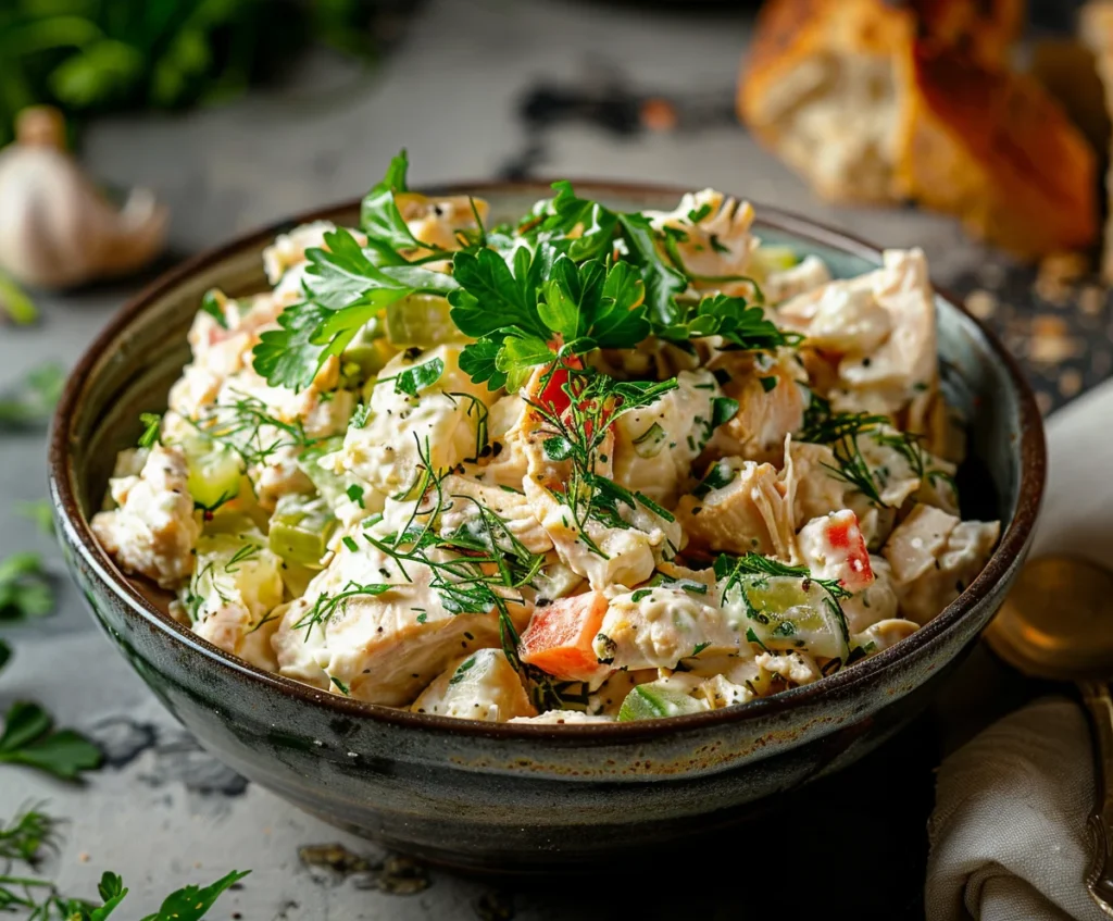 Finished 4-ingredient chicken salad served in a bowl with garnish, ready to eat.