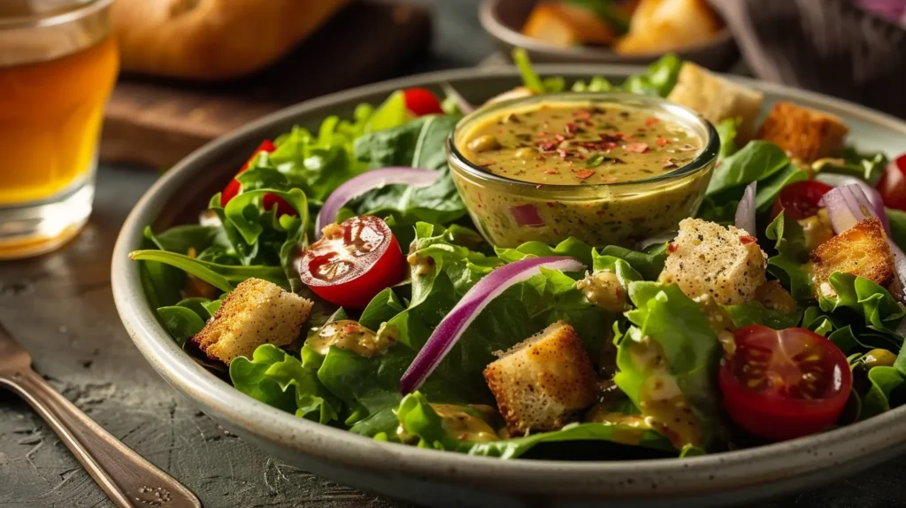 A fresh salad drizzled with New Orleans Soaked Salad Dressing Recipe in a ceramic bowl.