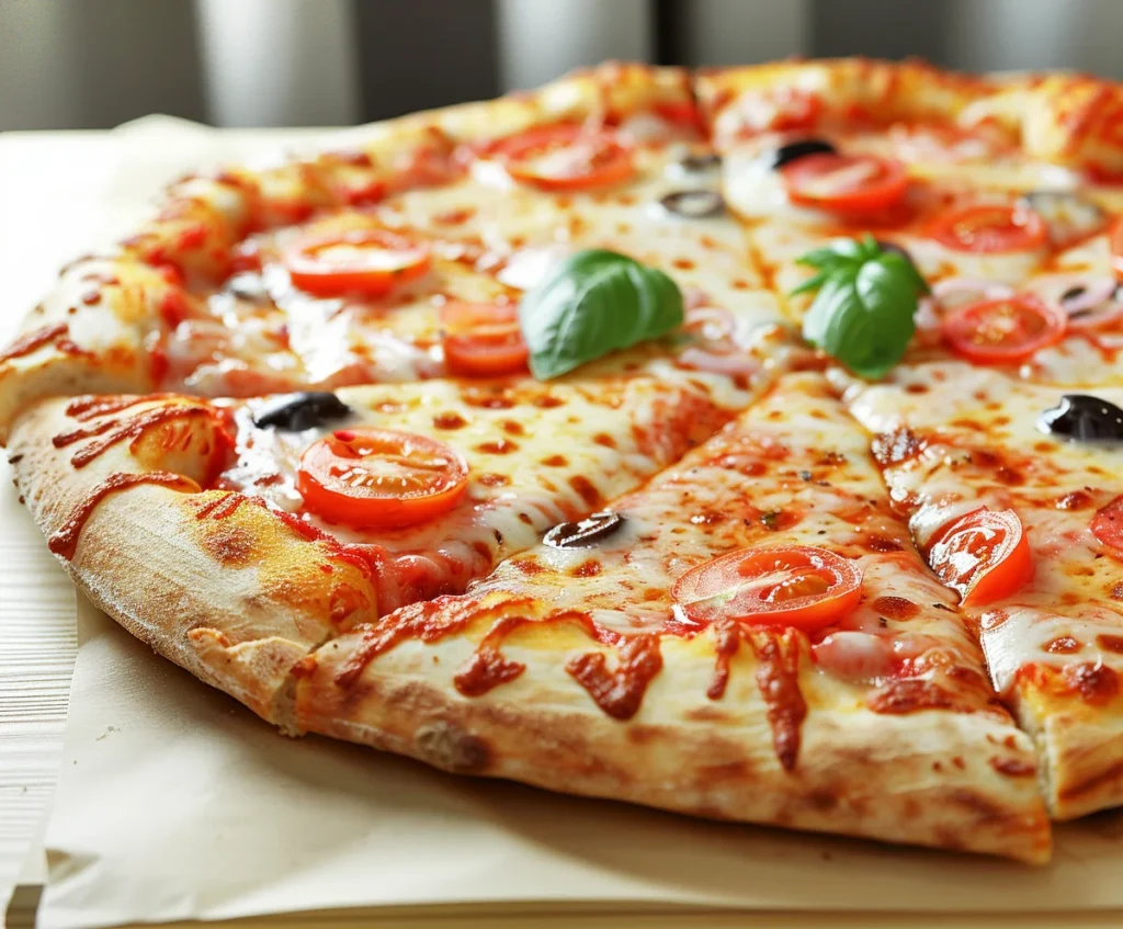 Close-up of cottage cheese pizza crust with melted mozzarella, fresh basil, and crispy golden edges.