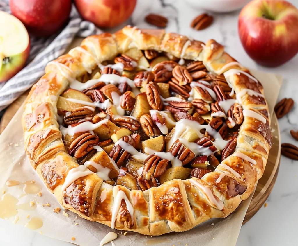 A golden Apple and Pecan Danish Pastry Tart with glaze.