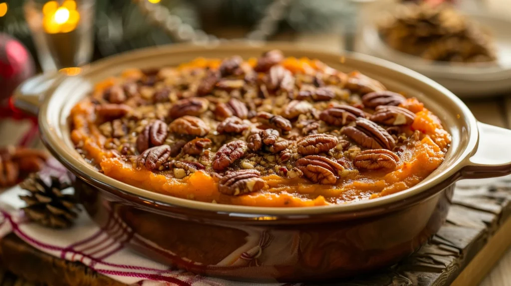 Sweet potato casserole with golden pecan topping served in a rustic baking dish.