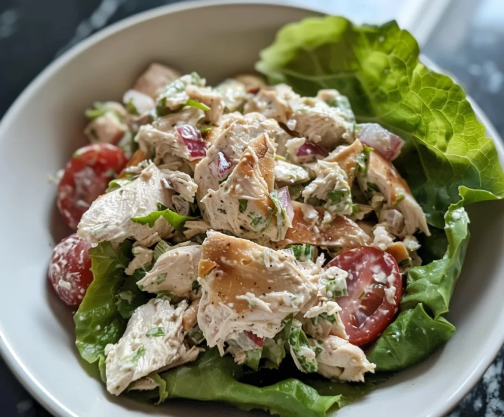 A bowl of creamy chicken salad garnished with fresh herbs and served on a white plate.