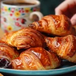 A plate of freshly baked Swiss Gipfeli with a golden, flaky crust, served with jam and coffee, as a hand reaches for one.